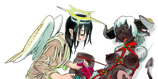 4_missing_limbs amputee anal anal_beads anal_penetration anthro bdsm black_hair black_sclera bodily_fluids bondage bound breasts brown_body brown_fur dildo disability dominant dominant_female duo feathered_wings feathers female female/female fur genitals green_eyes hair halo harness horn humanoid_pointy_ears multicolored_body multicolored_fur nipples open_mouth penetration piercing pointy_ears pubes quadruple_amputee sex_toy sex_toy_in_vagina sex_toy_insertion submissive submissive_female sweat tongue tongue_out tongue_piercing two_tone_body two_tone_fur vaginal vaginal_penetration vibrator vibrator_in_vagina vulva white_body white_fur white_hair white_pubes wings kigoh-neko holsta angel demon humanoid 2013