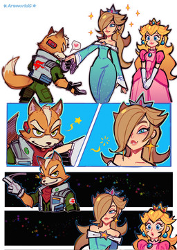 alternative_fashion anthro blonde_hair blue_eyes clothing crown dipstick_tail dress female fur gloves green_eyes group hair handwear headgear hime_lolita j-fashion kissing lolita_(fashion) long_hair male markings orange_body orange_fur pink_clothing pink_dress smile tail tail_markings trio arsworlds mario_bros nintendo star_fox super_mario_galaxy fox_mccloud princess_peach rosalina_(mario) canid canine fox human mammal comic hi_res