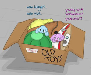 abandoned ambiguous_feral ambiguous_gender baby_talk ball black_eyes blue_body blue_fur box cardboard cardboard_box color_coded_text container dialogue duo feral fur looking_up micro monotone_body monotone_fur neonate offscreen_character purple_body purple_fur sad text toy toy_boat toy_ship young young_ambiguous young_feral carpdime fluffy_pony fluffy_pony_(species) mammal digital_media_(artwork) english_text shaded