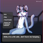 anthro blush clothing dating_sim dialogue dialogue_box dress female flat_chested fur grey_body grey_fur horn humor looking_at_viewer navel nipples sitting solo talking_to_viewer forrest18 toshi_(forrest18) felid mammal hi_res