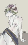 anthro athletic bottomwear breasts clothed clothing female gold_trim green_highlights hair highlights_(coloring) laurel_wreath nipples purple_hair solo text topless white_body marybeararts keyleth_(golddrake) fish marine shark 5:8 english_text hi_res