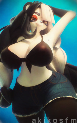 anthro big_breasts black_body black_hair bottomwear breasts clothed clothing eyewear female glasses hair huge_hips long_hair looking_at_viewer multicolored_body multicolored_hair navel red_eyes skirt small_waist solo thick_thighs topwear wearing_glasses white_body white_breasts white_hair wide_hips akikosfm miauhau3d_(modeler) mei-li_(akikosfm) bear giant_panda mammal 3d_(artwork) absurd_res digital_media_(artwork) hi_res