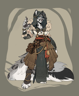 adventurer anthro big_tail clothed clothing cottagecore female fluffy fluffy_chest fluffy_tail fully_clothed gesture hand_gesture markings raised_finger raised_index_finger solo spots spotted_markings tail eger lumy felid feline mammal pantherine snow_leopard absurd_res hi_res