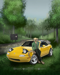 anthro blurred_background bottomwear car clothing eyewear glasses leaning_on_object male pants shirt solo topwear vehicle wearing_glasses typeera mazda mazda_miata mazda_mx-5 mammal mustelid otter 4:5 absurd_res hi_res