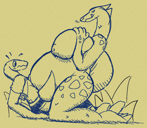 anthro belly big_belly big_breasts breast_grab breast_squish breasts duo female female_on_top hand_on_breast huge_breasts larger_female male male/female on_top pinned pinned_to_ground pregnant size_difference squish snapps scalie unknown_species aliasing digital_media_(artwork) signature sketch