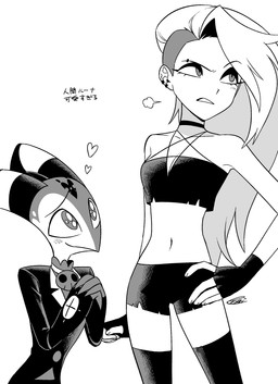 anthro choker clothed clothing crop_top ear_piercing female jewelry male necklace piercing shirt simple_background text topwear white_background enaic31 hellaverse helluva_boss blitzo_(helluva_boss) human_loona_(helluva_boss) loona_(helluva_boss) demon imp absurd_res hi_res japanese_text monochrome translated adopted_(lore) adopted_daughter_(lore) adoptive_father_(lore)