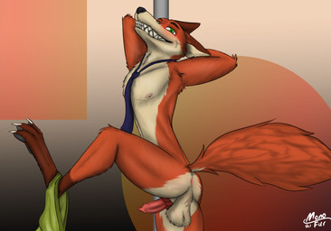 animal_genitalia animal_penis anthro balls blush butt canine_genitalia canine_penis clothed clothing clothing_around_one_leg dancing erection fur genitals looking_at_viewer male necktie nipples nude partially_clothed paws penis pole pole_dancing raised_leg simple_background smile solo spread_legs spreading stripper_pole underwear underwear_around_one_leg underwear_down mono-fur disney zootopia nick_wilde canid canine fox mammal red_fox true_fox 2022 digital_media_(artwork) hi_res