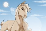 ambiguous_gender eyebrows eyes_closed feral hair happy lens_flare mane raised_leg short_tail simple_background smile solo sun tail teeth drizer arzi_(wasen) equid equine horse mammal 2022 digital_media_(artwork)