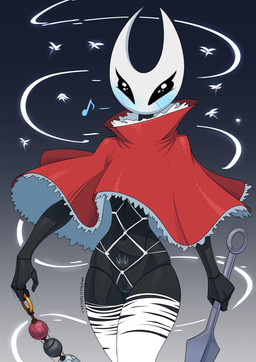 anal_beads anthro biped black_body black_text blush clothed clothing female fingers front_view holding_object holding_weapon looking_at_viewer monotone_body musical_note musical_symbol no_pupils red_clothing sex_toy simple_background solo standing symbol tattoo text thick_thighs weapon white_head chrysalisdraws hollow_knight:_silksong hollow_knight_(franchise) team_cherry hornet_(hollow_knight) arthropod 2025 artist_name english_text hi_res