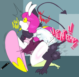 abdominal_bulge ambiguous_penetration anthro anthro_penetrated balls bent_over bottomless chokehold clothed clothing doggystyle duo female female_penetrated from_behind_position genitals hair male male/female male_penetrating male_penetrating_female pen penetration pink_hair plap_(sound) sex spade_tail tail tongue tongue_out topwear nylonhellhole bug_(sodabug) krylon_(nylonhellhole) arthropod demon imp insect mantis 2023 hi_res