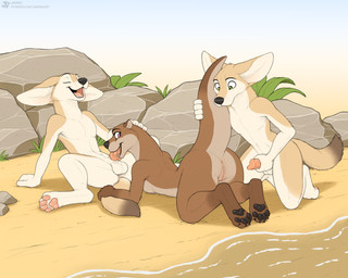 anthro anthro_on_anthro balls beach black_nose brown_body brown_fur butt erection fellatio female fur genitals group group_sex interspecies male male/female nude nude_anthro nude_female nude_male oral penile penis sand sex sex_on_the_beach tail tan_body tan_fur text threesome trio vulva water jishinu canid canine fennec_fox fox mammal mustelid otter river_otter true_fox 5:4 hi_res url