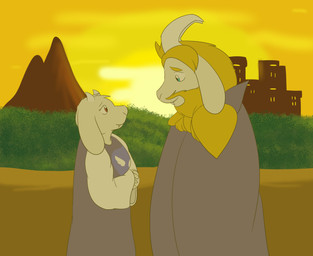 anthro beard blonde_hair detailed_background duo facial_hair female floppy_ears green_eyes hair happy horn male male/female mature_anthro mature_female mature_male red_eyes smile sunset wannabegamergirl100 undertale undertale_(series) asgore_dreemurr toriel boss_monster_(undertale) bovid caprine mammal