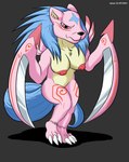 anthro big_breasts blade blade_arm blue_hair breasts claws female fur hair long_tail looking_at_viewer nipples pink_body pink_fur simple_background solo tail daison_the_fox bandai_namco digimon digimon_(species) kyukimon mammal mustelid absurd_res hi_res