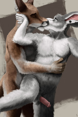 5_fingers anal anal_penetration anthro anthro_on_anthro anthro_penetrated balls duo ear_piercing erection fingers foreskin fur genitals grey_body grey_fur head_grab humanoid_genitalia humanoid_penis intimate kissing male male/male male_penetrated male_penetrating male_penetrating_male nude partially_retracted_foreskin penetration penis piercing romantic romantic_couple sex simple_background white_body white_fur warpaws_(artist) canid canine canis kangaroo lagomorph leporid macropod mammal marsupial rabbit wolf 2015 digital_media_(artwork) hi_res