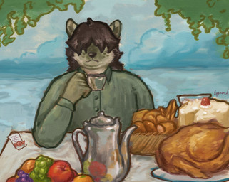 anthro black_hair cake clothed clothed_anthro clothed_male clothing cloud cloudy_sky collared_shirt container cup dessert dress_shirt ears_up food furniture hair hidden_eyes holding_container holding_cup holding_object holding_tea_cup long_hair male outside overweight plant shirt sky solo table tea_cup teapot topwear tree reynard_goodfellow raymond_hyena hyena mammal hi_res