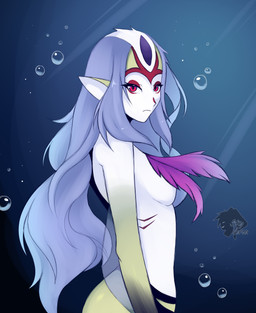 air_bubble arm_fin black_markings breasts covering_nipples facial_markings female fin forehead_markings frown gills grey_hair hair head_markings looking_at_viewer markings multicolored_body multicolored_hair nude pink_wings pointy_ears red_eyes red_markings side_boob slim solo underwater water white_body white_hair wings yellow_body skyversa blue_submarine_no._6 mutio animal_humanoid aquatic aquatic_humanoid fish fish_humanoid humanoid nereid absurd_res hi_res