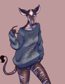 anthro brown_eyes clothed clothing female fur simple_background solo striped_body stripes text lafayette_(artist) beastars cosmo_(beastars) giraffid mammal okapi english_text hi_res