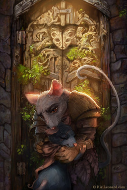 ambiguous_gender anthro armor cape clothing door duo fur grey_body grey_fur hug leaf_clothing male pauldron size_difference tail text whiskers wood wood_door valkiri mammal mouse murid murine rodent digital_media_(artwork) url