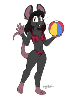 anthro ball beach_ball bikini breasts buckteeth clothing ear_piercing female floral_print fur grey_body grey_fur inflatable looking_at_viewer percings piercing small_breasts solo swimwear tail teeth two-piece_swimsuit waving_hand anonymous_artist dahlia_(phantomhugz) mammal murid murine rat rodent hi_res