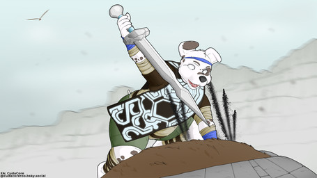 anthro black_blood blood bodily_fluids clothing colored_blood male melee_weapon sword unusual_blood unusual_bodily_fluids weapon pascal_(artist) shadow_of_the_colossus pascal_(cudacore) canid canine canis dalmatian domestic_dog mammal 16:9 hi_res widescreen