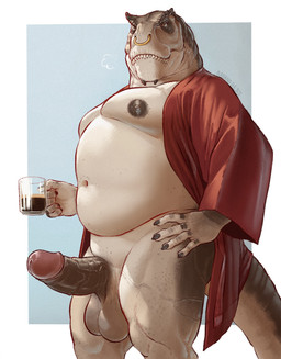 anthro areola balls bathrobe beverage biped black_nipples black_penis clothing coffee erection facial_piercing foreskin genitals glans humanoid_genitalia humanoid_penis male navel nipples non-mammal_balls non-mammal_nipples nose_piercing nose_ring overweight overweight_male penis piercing retracted_foreskin ring_piercing robe side_view solo standing tail teeth vein veiny_muscles veiny_penis veiny_thighs banana_da_boi dinosaur prehistoric_species reptile saurischian scalie theropod alternate_version_at_source hi_res
