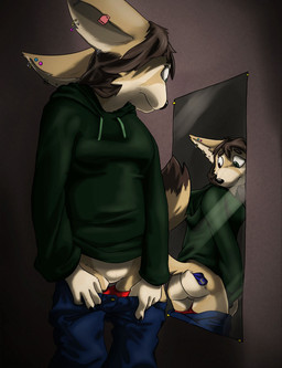 anthro bottomwear brown_background brown_hair butt clothed clothing denim denim_bottomwear denim_clothing ear_piercing ear_ring ear_tag featureless_crotch female female_anthro hair hoodie jeans jeans_down looking_at_own_butt looking_at_self looking_back mirror mirror_reflection null pants partially_clothed piercing plushie rear_view reflection ring_piercing simple_background solo tan_body topwear underwear underwear_down worried worried_face worried_look fennecfaux animate_inanimate canid canine fennec_fox fox living_plushie mammal true_fox hi_res