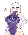 2023 anthro armwear big_breasts boss_monster_(undertale) bovid breasts caprine clothed clothing dress female fredek666 fur goat hand_on_hip heart_symbol hi_res horn mammal mature_female nipple_outline partially_clothed purple_clothing simple_background slit_dress smile solo tight_clothing tight_dress toriel undertale undertale_(series) white_background white_body white_fur wide_hips