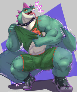 abs anthro basketball_uniform bottomwear bulge clothed clothing clothing_lift collar crouching facial_piercing footwear green_body green_bottomwear green_clothing green_scales green_shirt green_shorts green_topwear head_spikes legband looking_at_viewer male multicolored_claws muscular muscular_anthro muscular_male neck_piercing nose_piercing nose_ring piercing purple_spikes ring_piercing scales septum_piercing septum_ring shirt shirt_lift shoes shorts solo spikes spikes_(anatomy) sportswear studded_collar studs tail thick_thighs tongue tongue_out tongue_piercing topwear uniform yellow_sclera friohielo10 goat_(movie) sony_corporation sony_pictures modo_olachenko komodo_dragon lizard monitor_lizard reptile scalie 2026 digital_media_(artwork) hi_res