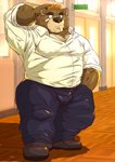 anthro black_nose bottomwear brown_body brown_fur bulge clothing fur inside kemono male musclegut muscular overweight overweight_anthro overweight_male pants shirt solo topwear raichoclub bear mammal 2020 hi_res