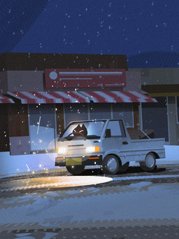 ambiguous_gender anthro awning black_body black_ears black_fur box building car container driving fur headlight inside_vehicle kei_truck night outside sign snow snowflake snowing solo truck vehicle white_eyes matwvv easy_delivery_co. domestic_cat felid feline felis mammal 2025 3:4 digital_media_(artwork) hi_res