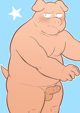 anthro balls belly blue_background blush erection genitals humanoid_genitalia humanoid_hands humanoid_penis kemono male moobs nipples overweight overweight_male penis simple_background solo kick_(artist) domestic_pig mammal suid suine sus_(pig) 2015 hi_res