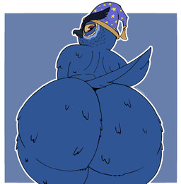 anthro big_butt blue_body blue_feathers butt butt_focus clothing feathers hat hat_only headgear headgear_only headwear headwear_only huge_butt looking_at_viewer looking_back looking_back_at_viewer male mostly_nude rear_view simple_background solo tail samucafujiwara epic_games fortnite ural_the_sage avian bird owl 2025 hi_res
