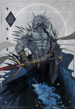 abs alternate_species anthro arm_wraps biped black_sclera facial_scar grey_background grey_body grey_nipples holding_melee_weapon holding_object holding_sword holding_weapon horn male melee_weapon muscular muscular_male nipples pecs purple_eyes scar scars_all_over simple_background solo sword weapon wraps eruprior elden_ring fromsoftware mythology blaidd_(elden_ring) dragon mythological_creature mythological_scalie scalie 2023 digital_media_(artwork) hi_res