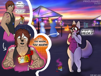 after_transformation anthro arm_tattoo beach belly bent_legs brown_hair clothing dialogue female forced forced_transformation fur gender_transformation hair heart_symbol magic male mtf_transformation muscular muscular_male one-piece_swimsuit one_piece_suit sea shortstack shortstack_female shrinking size_transformation sky slightly_chubby solo species_transformation standing string_lights sunset swimwear tail tattoo text transformation water white_body white_fur frailfennec ember_ashwood_(frailfennec) arctic_fox canid canine fox human humanoid mammal true_fox 2026 comic digital_media_(artwork) english_text hi_res sequence shaded
