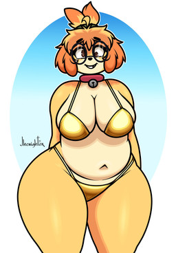 anthro bikini biped breasts clothed clothing collar derp_eyes eyelashes eyewear female glasses glistening glistening_body gold_bikini looking_at_viewer missing_tooth navel overweight overweight_female pupils smile solo swimwear text thick_thighs two-piece_swimsuit wearing_glasses yellow_body jhenightfox animal_crossing nintendo derpybelle isabelle_(animal_crossing) canid canine canis domestic_dog mammal shih_tzu toy_dog hi_res