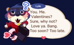 anthro biped blue_body blush briefcase clothing dialogue eyewear glasses heart_symbol holidays necktie question_mark shirt solo text topwear high_rhulain animal_crossing nintendo valentine's_day lyle_(animal_crossing) mammal mustelid otter 2023 english_text hi_res