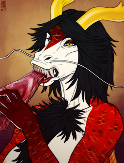 anthro areola big_breasts black_hair blood bodily_fluids breasts chest_tuft eating female gore hair horn logo narrowed_eyes nipples red_body red_scales scales sharp_teeth simple_background solo teeth tuft white_body yellow_eyes yellow_horn yellow_nipples riorix mythology dragon mythological_creature mythological_scalie scalie 2021 artist_logo bust_portrait dated hi_res portrait