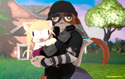 anthro beanie blonde_hair blue_body blue_fur brown_body brown_fur building canned_food cat_smile clothed clothing derp_eyes duo female female/female fur grass grass_field hair hat headgear headwear house hug inner_ear_fluff multicolored_body multicolored_fur plant sharp_teeth tail teeth tree tuft white_body white_fur yellow_eyes leviantan581re epic_games fortnite melty_blood tsukihime type-moon meow_skulls neco-arc animal_humanoid cat_humanoid domestic_cat felid felid_humanoid feline feline_humanoid felis humanoid mammal mammal_humanoid 2025 3d_(artwork) absurd_res crossover digital_media_(artwork) hi_res widescreen