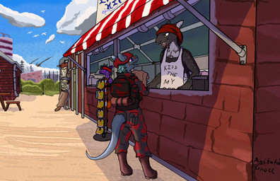 ambiguous_gender anthro apron awning backpack beret black_body blue_body boots building camo camo_clothing camo_print chef clothed clothing day digitigrade digitigrade_footwear duo_focus ear_piercing eye_contact facial_piercing fast_food_restaurant female food_stand footwear furgonomic_footwear furgonomic_headwear furgonomics group hat headgear headscarf headwear light looking_at_another military nose_piercing nose_ring open_mouth outside paper_bag pattern_clothing piercing purple_body ring_piercing scar sharp_teeth shirt shoes smoking snack soldier standing sunlight tail tank_top tapering_tail tattoo teeth text topwear warrior boguscypress project_silverfish inheritor lizard reptile scalie 2026 absurd_res english_text hi_res signature