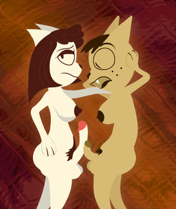 abstract_background anthro areola balls big_nipples big_penis body_hair brown_glans butt cartoon_freckles comparing comparing_penis curved_penis duo erection eye_roll fangs freckled_face freckles frottage genitals glans gynomorph gynomorph/gynomorph hand_on_head hand_on_hip hand_on_shoulder happy_trail humor intersex intersex/intersex minimal_shading nipples nude nude_anthro nude_gynomorph nude_male paws penile penis penis_tip penises_touching pink_glans pubes sex shocked shorthair side_view small_penis standing teeth alexis_wasilla a_kitty_bobo_show kitty_bobo maggie_(kitty_bobo) domestic_cat felid feline felis mammal digital_drawing_(artwork) digital_media_(artwork) hi_res lineless