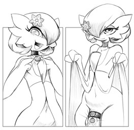 accessory anthro balls big_penis choker clothed clothing clothing_lift cock_ring collar dress dress_lift femboy flower flower_in_hair genitals hair hair_accessory hair_over_eye jewelry male mega_stone mega_stone_cock_ring mega_stone_collar necklace penis penis_accessory penis_jewelry plant solo thick_thighs noirchaton4 nintendo pokemon shiro_(noirchaton4) gardevoir generation_3_pokemon pokemon_(species) hi_res monochrome