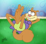 3_toes anthro bikini clothing feet female flower flower_cloud_(spongebob) foot_focus lying on_back plant smile solo swimwear toes two-piece_swimsuit benjipaws nickelodeon spongebob_squarepants sandy_cheeks mammal rodent sciurid tree_squirrel hi_res