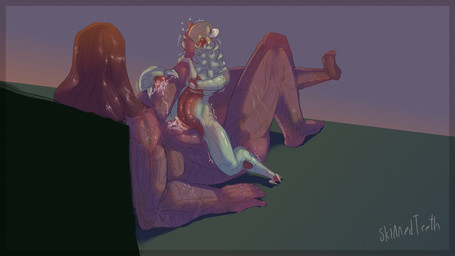 2_toes 3_fingers 5_fingers 5_toes anthro arthropod_abdomen arthropod_abdomen_genitalia bent_legs big_forearms big_hands bodily_fluids brown_hair claws compound_eyes digitigrade dripping duo excessive_genital_fluids exoskeleton faceless_character faceless_male feet finger_claws fingers forearms frottage genital_fluids genitals gradient_background green_body green_skin grinding hair hand_holding hand_on_head headpat heart_symbol highlights_(coloring) human_on_anthro interspecies larger_human larger_male larger_on_bottom leaking_precum light long_hair love lying male male/male male_anthro male_human motion_lines muscular muscular_male on_back open_mouth organs penile penis penises_touching precum precum_drip precum_string red_body red_skin saliva saliva_drip scar sex simple_background size_difference smaller_male smaller_on_top stomach submissive submissive_male subsurface_scattering tail thick_tail toe_claws toes vibrating skinnedteeth june_moss_(skinnedteeth) alien arthropod human insect mammal 16:9 absurd_res colored hi_res huge_filesize lighting shaded widescreen