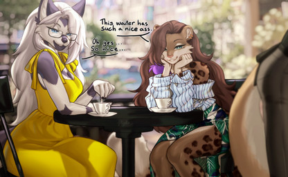 5_fingers ambiguous_gender anthro biped bite biting_lip blue_eyes bottomwear breasts brown_body brown_fur brown_hair brown_tail chair cheek_tuft claws clothed clothed_ambiguous clothed_anthro clothed_female clothing container countershade_fur countershade_torso countershading cup day dialogue dress ear_piercing eyewear faceless_ambiguous faceless_character facial_tuft female finger_claws fingers front_view fully_clothed fully_clothed_ambiguous fully_clothed_anthro fully_clothed_female fur furniture glasses green_eyes grey_body grey_fur grey_tail group hair holding_object inner_ear_fluff long_hair looking_at_another looking_at_butt markings on_chair outside pants piercing plate sitting sitting_on_chair smile speech_bubble spots spotted_body spotted_fur spotted_markings spotted_tail steam table tail tail_markings tea_cup teeth text topwear trio tuft white_hair pizhma miliam_(genemon) canid canine canis felid mammal pantherine snow_leopard wolf 2026 digital_drawing_(artwork) digital_media_(artwork) english_text hi_res