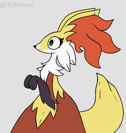 anthro countershade_face countershading eyelashes female fur green_eyes inner_ear_fluff multicolored_body multicolored_fur paw_pose pose red_body red_fur side_view simple_background solo tail text tuft white_background wide_eyed yellow_body yellow_fur yellow_tail kifirelava nintendo pokemon tuffa_(kifirelava) delphox generation_6_pokemon mammal pokemon_(species) artist_name colored digital_media_(artwork)