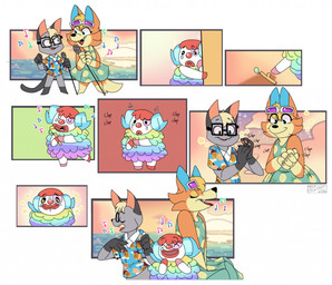 anthro blonde_hair bodily_fluids clothing clown clown_makeup dress eyewear female fur glasses grey_body grey_fur hair horn male multicolored_body multicolored_fur orange_body orange_fur rainbow_body rainbow_fur sea shirt singing sun sunglasses sunset sweat text topwear water mutil8tor animal_crossing nintendo audie_(animal_crossing) pietro_(animal_crossing) raymond_(animal_crossing) bovid canid canine canis caprine felid feline mammal sheep wolf comic