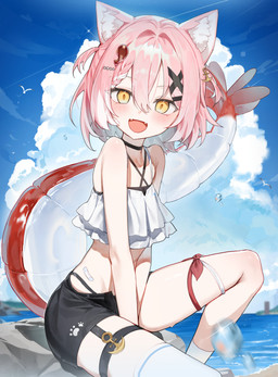 accessory animal_ears band-aid bandage bare_shoulders bent_legs black_bottomwear black_clothing black_shorts blush bottomwear clothing cloud cute_fangs fangs female fish_tail flat_chested fluffy_ears footwear glistening glistening_hair hair hair_accessory hair_between_eyes hand_between_legs open_mouth pink_hair raised_tail ribbons short_hair shorts sitting sky socks solo swimwear tail teeth thigh_strap white_clothing white_footwear white_socks yellow_eyes young young_female young_humanoid dighapdlxm12 vtuber puripuwin avian bird humanoid hybrid absurd_res hi_res