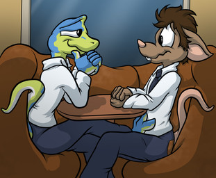 3_toes 5_fingers anthro barefoot black_eyes blue_body blue_bottomwear blue_clothing blue_necktie blue_pants blue_skin bottomwear brown_hair buckteeth cafe clothing duo feet fingers flustered foot_fetish foot_play footjob fur furniture green_body green_skin hair male male/male necktie pants pink_nose rat_tail sex shirt sitting smile smiling_at_another smiling_at_each_other table tail tan_body tan_fur teeth toes topwear under_table white_clothing white_sclera white_shirt white_topwear david_hopkins brendan_garzone cloud_franklin lizard mammal mouse murid murine reptile rodent scalie 2025 hi_res