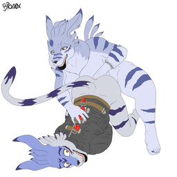 anal anal_fisting anal_penetration anthro ass_up blue_body blue_fur brown_eyes butt dominant duo ear_piercing feet fisting fur locks male penetration piercing restraints scared simple_background smile straitjacket wide_eyed bpq00x bandai_namco digimon canid canine digimon_(species) mammal weregarurumon 1:1 hi_res