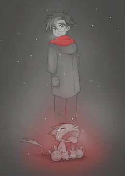 anthro bodily_fluids crying duo eyewear glasses male scarf tears ym205b bandai_namco digimon digimon_beatbreak tomoro_tenma digimon_(species) gekkomon human mammal scalie hi_res